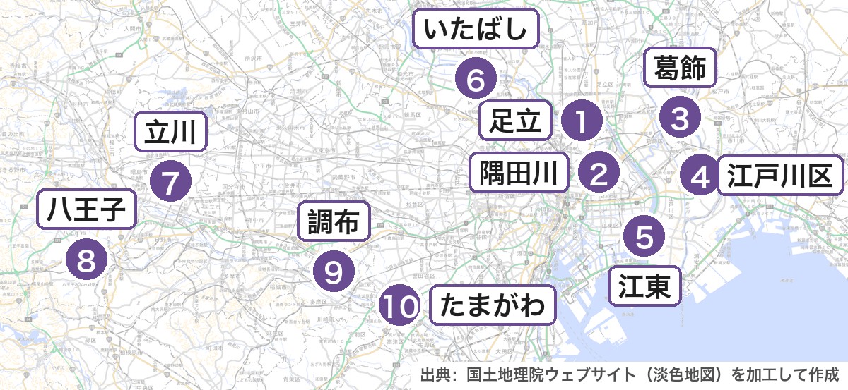 東京都の主な花火大会の位置を示した地図