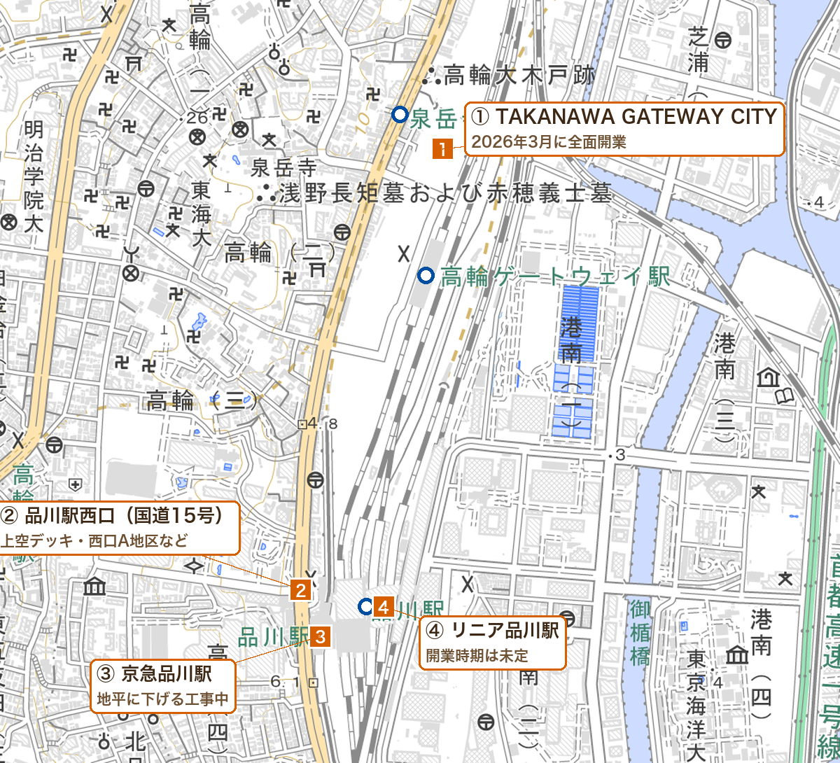 品川・高輪ゲートウェイ周辺の再開発の場所の地図